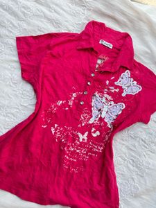 Pink Butterfly Print Collared Top