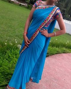 Blue Saree With Colorful Embroidery Blouse