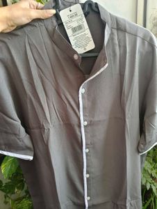 Men's Grey Mandarin Collar Shirt