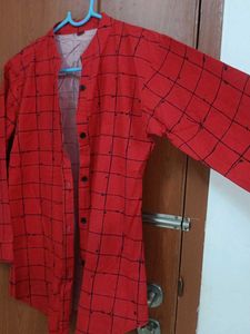 Red Checked Mandarin Collar Shirt