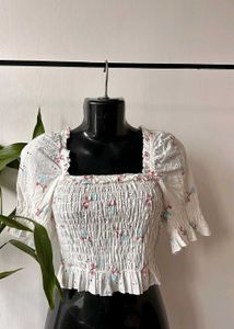 White Smocked Crop Top with Floral Print