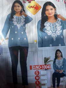 Embroidered Grey Cotton short Kurta