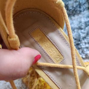 Mustard Yellow Lace-Up Block Heels