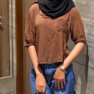 Brown Button-Up Top with Pocket Detail
