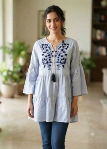 Blue Embroidered Tiered tunic