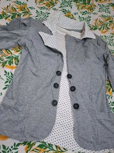 Gray Double-Breasted Blazer with Polka Dot Accents
