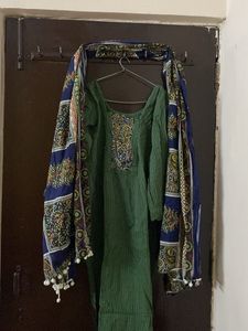 Green Striped Kurta Set with Dupatta
