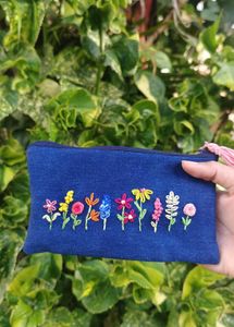 Embroidered Floral Blue Pouch