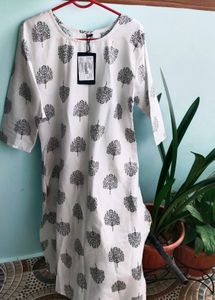 White Kurta with Black Tree Print