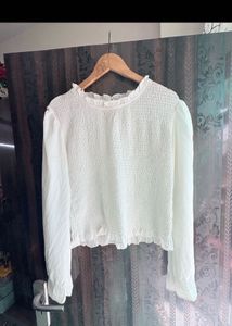 Chic White Smocked Long Sleeve Top