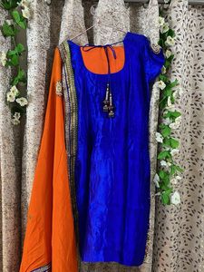 Vibrant Blue &amp; Orange Embroidered Kurta Set
