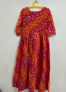 orange pink bandhani print kurta cum gown