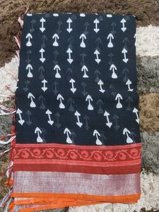 Beautiful Black Printed Saree with orange and silv
