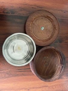 Hand Carved Wooden Casserole with Brass Inlay