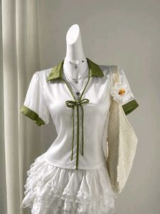 Chic White & Green Bow Blouse
