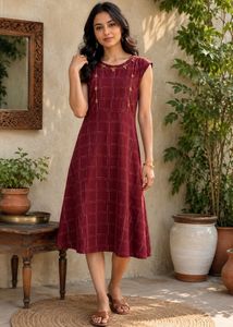 Maroon Checked Cotton A-Line Ethnic Dress