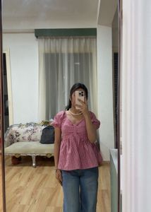 Chic Red Gingham Peplum Top