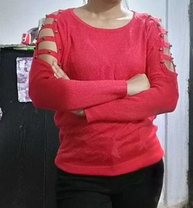 Red Cold Shoulder Sweater with Studs