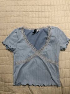 Light Blue Lace Trim Crop Top