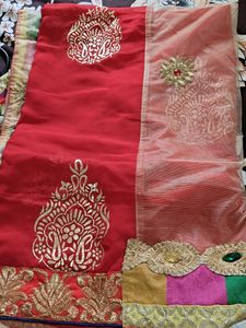 Vibrant Red Saree with half net🥳
