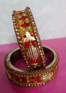 Exquisite Red &amp; Gold Embellished Bangles