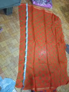 Orange Printed Saree with Tassels &amp; Blouse Piece