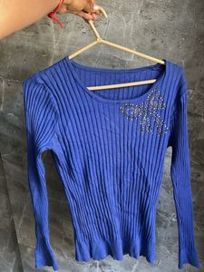 Blue Ribbed Top with Embellished Bow