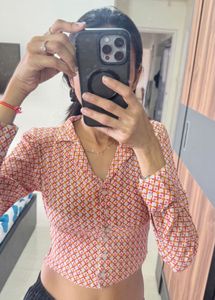 Retro Print Cropped Blouse
