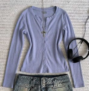 Cute Blue Ribbed Cardigan Top