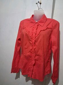 Coral Ruffled Button-Up Shirt