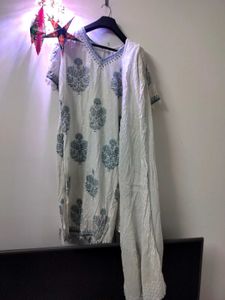 Elegant White Kurta Set with Blue Prints