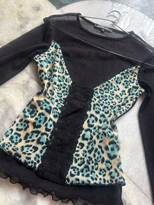 Y2K Leopard Print Lace detail Top
