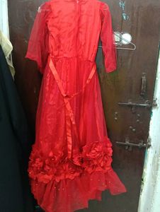 Stunning Red Net Gown with Floral Embellishments