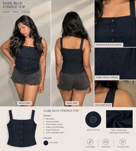Stylish Navy Blue Ribbed Square Neck Top