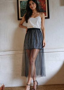 Chic Striped Maxi Skirt with Tulle Overlay