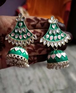 Green Jhumka Earrings with Pearls