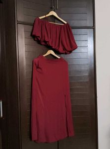 And Red One Shoulder Waterfall Skirt Co-ord Set