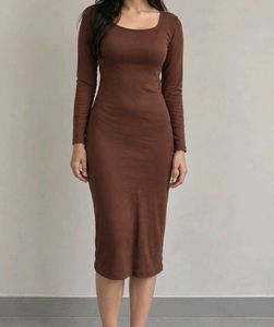 Brown Full Sleeve Bodycon Midi Dress