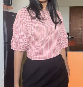 Red &amp; White Gingham Ruffle Sleeve Top