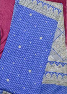 Blue Bandhani Saree with Gold Blouse Piece