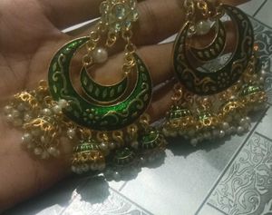 Green &amp; Gold Jhumka Earrings