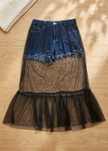 Trendy Stretch Denim Shorts with Black Sheer Tulle