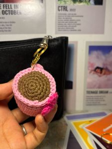 Cute Pink Crocheted Coffee Cup Keychain