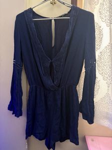 Navy Blue Romper with Crochet Detail playsuit
