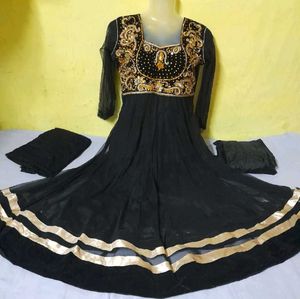 Black Anarkali Dress with Gold Embellishments