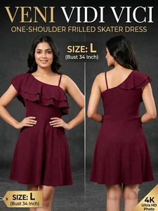 Maroon One-Shoulder Frill Skater Dress - NWT