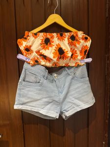 Cute Sunflower Crop Top &amp; Denim Shorts Set