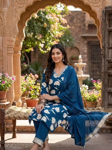 Elegant Blue Floral Print Kurta Set With Duppta