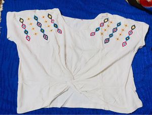 Embroidered Knot-Front Top