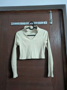 Beige Ribbed Mock Neck Crop Top